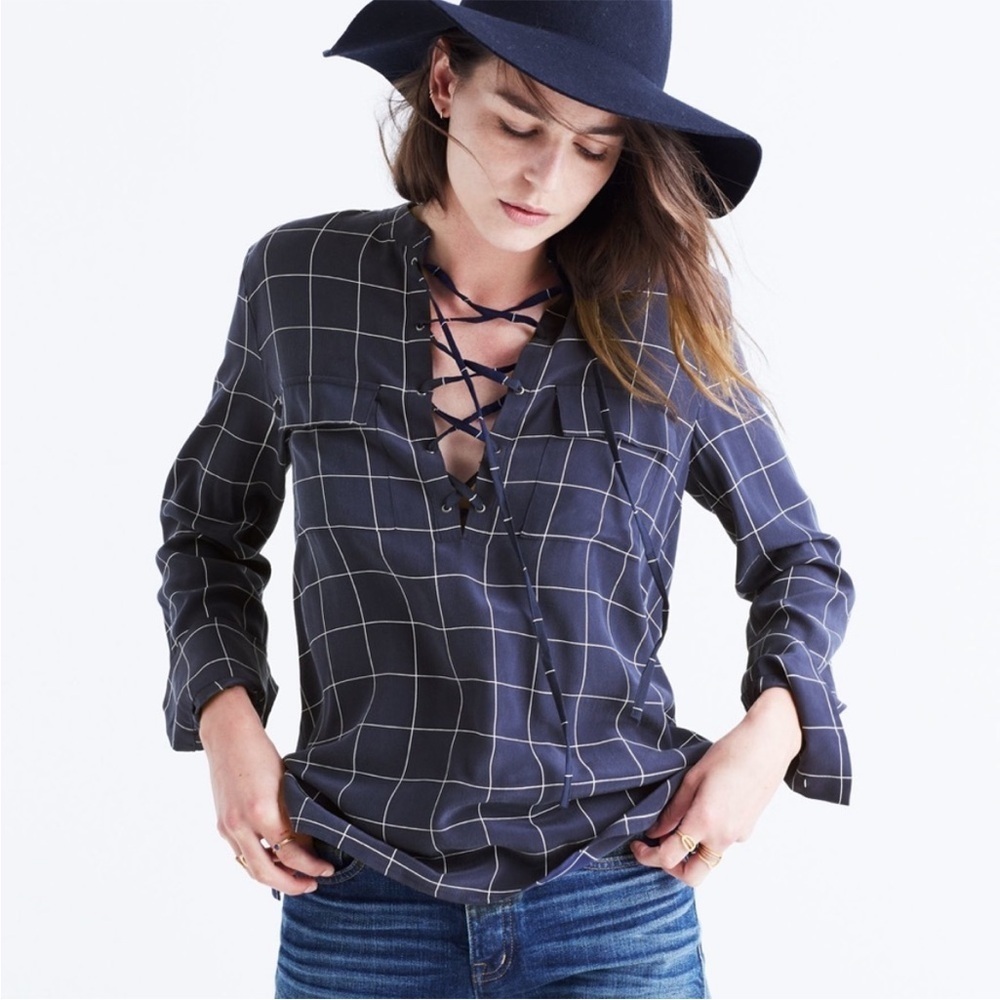 Madewell Navy Plaid Lace-Up Blouse
